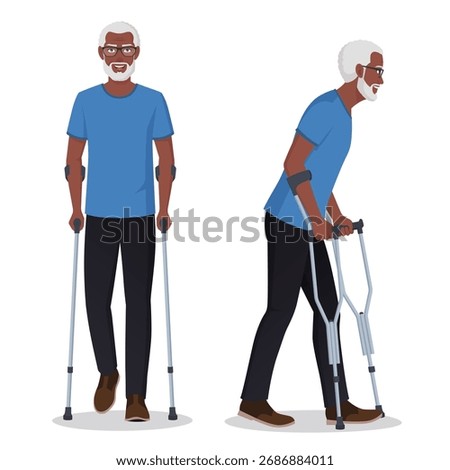 Elderly Black Man Walking with Forearm Crutches Isolated Vector Illustration