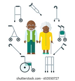 Elderly black people couple and equipment for moving and walking. African american. Flat vector cartoon illustration. Objects isolated on a white background.