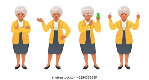 Una anciana mujer negra con los brazos cruzados, señalando algo, con un smartphone en la mano. Una anciana africana con el pelo gris se para en poses diferentes. Abuela