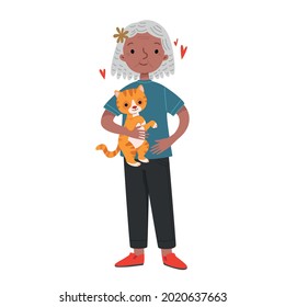 An elderly black woman stands tall and holds a ginger cat. Old character in cartoon style. Vector funny illustration of a man. Isolate on a white background about the love of pets.