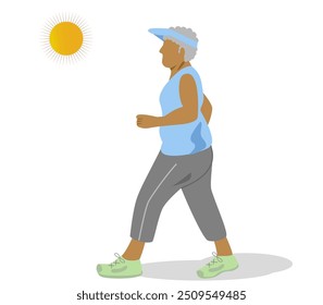 Elderly black woman walking outdoors in summer