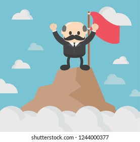 elderly business above all the triumphs stands on a steep hill at the back with a red flag waving.