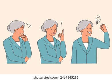 Elderly business woman is thinking about solving problem, coming up with idea to get out of difficult situation. Progress and evolution in seeking out-of-the-box business growth opportunities