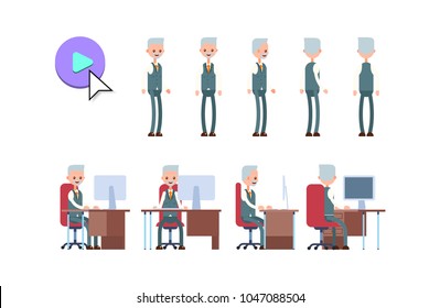 elderly businessman. cartoon character animation kit. poses while standing and sitting