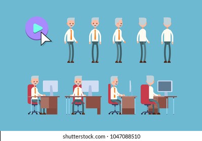 elderly businessman. cartoon character animation kit. poses while standing and sitting