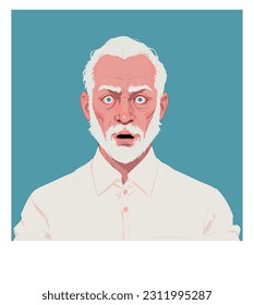 Elderly businessman feels stressed. The face of a frightened man with a white beard. Fear, horror. Vector illustration in hand drawn style.