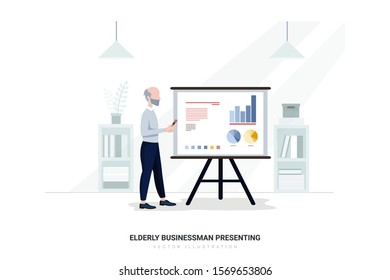 Elderly Businessman Presenting. Can use for web banner, infographics, hero images. Flat style color modern vector illustration.
