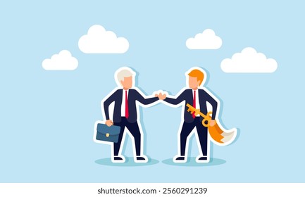 An elderly businessman shakes hands with a fox-tailed business partner carrying a key, illustration of an agreement with a cunning partner providing business solutions