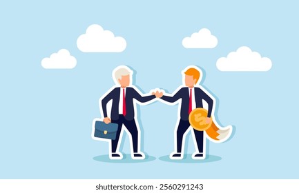 An elderly businessman shakes hands with a fox-tailed business partner carrying a dollar coin, illustration of an agreement with a cunning partner in financial management