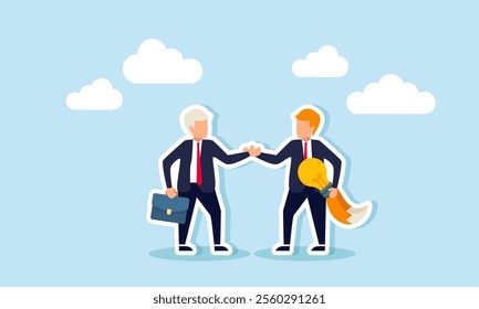 An elderly businessman shakes hands with a fox-tailed business partner carrying a lamp, illustration of an agreement with a cunning partner proposing business ideas and innovations