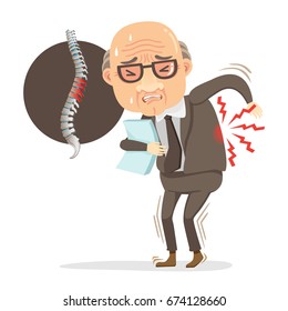 elderly businessman in a suit. He has pain in his back. stands sore.And diagram showing spine Injured.Cartoon character concept of hard work is bad for health.Vector illustrations isolated