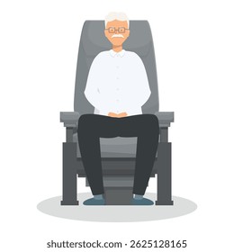 Elderly businessman with white hair and glasses is sitting patiently on a comfortable armchair