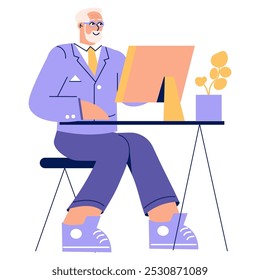 Conceito de empresário idoso no trabalho. Executivo experiente gerenciando tarefas em sua mesa com proficiência. Escritório, roupas profissionais, produtividade. Ilustração vetorial.