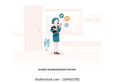 Elderly Businesswoman Texting on her phone. Can use for web banner, infographics, hero images. Flat style color modern vector illustration.