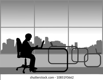 Elderly businesswoman work on computer in her office, one in the series of similar images silhouette