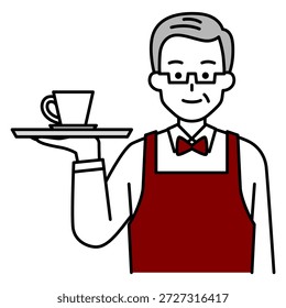 An elderly cafe owner serving coffee