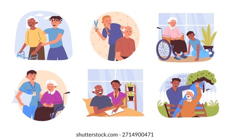 Concepto de actividades de cuidado de ancianos establecido para el Diseño web. Colección con personas de dibujos animados que amamantan a los abuelos, caminar, cortar el cabello, cortar zapatos o prendas de vestir, aprender, dar almohada. Ilustración vectorial.