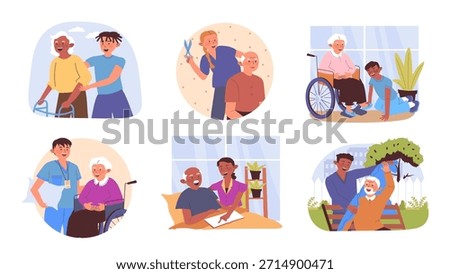 Elderly care activities concept set for web design. Collection with cartoon people nursing grandparents, walking, cutting hair, cutting shoes or clothing, learning, giving pillow. Vector illustration.