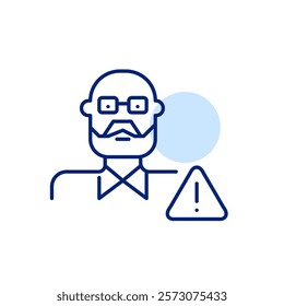 Elderly care alert. Critical issue or reminder related to senior care. Older man with glasses and beard and exclamation mark in triangle. Pixel perfect, editable stroke icon