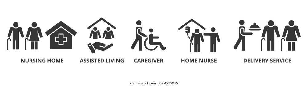 Concepto de Ilustración vectorial de icono de Web de Anuncio de cuidado de personas mayores Asistencia con un ícono de cuidador, hogar de ancianos, vida asistida, enfermera a domicilio y servicio de parto