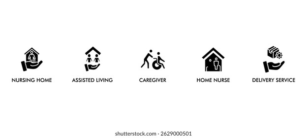 Elderly care banner web icon vector illustration concept for elder people support with an icon of caregiver, nursing home, assisted living, home nurse and delivery service