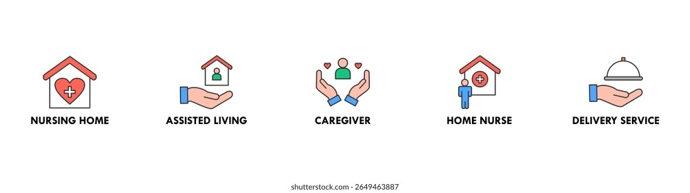 Idosos banner web ícone vetor ilustração conceito para idosos apoio com um ícone de cuidador, casa de repouso, vida assistida, enfermeiro e serviço de entrega