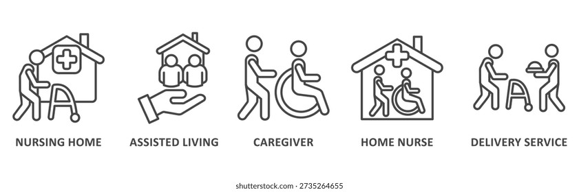 Elderly care banner web icon illustration with icon of caregiver, nursing home, assisted living, home nurse and delivery service