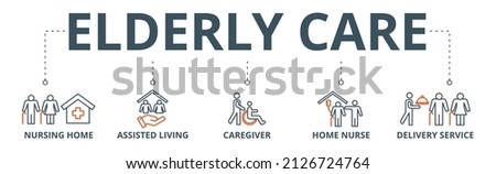 Elderly care banner web icon vector illustration concept for elder people support with an icon of caregiver, nursing home, assisted living, home nurse and delivery service