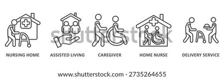 Elderly care banner web icon illustration with icon of caregiver, nursing home, assisted living, home nurse and delivery service