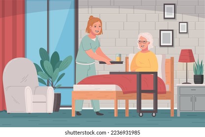 Elderly care cartoon concept with caregiver in uniform and old woman in bed vector illustraion