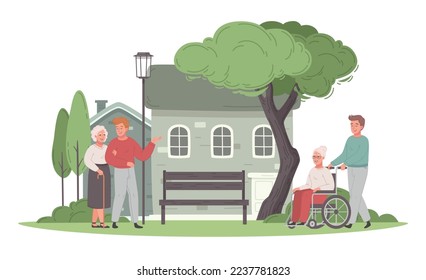 Elderly care cartoon concept with old women walking outdoors vector illustration