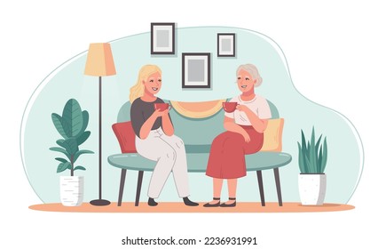 Elderly care cartoon concept with women drinking tea indoors vector illustration