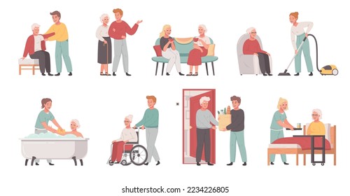 Elderly care cartoon icons set with caregivers helping old people isolated vector illustration