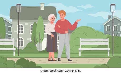 Elderly care cartoon with old woman walking in park vector illustration