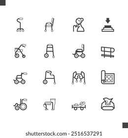 Elderly Care Center, Hospital, elements black line icons set on white background, High Quality.