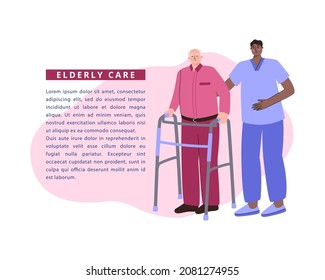Elderly Care Concept. Medical staff help senior people with disabilities. Healthcare and social support.
Home care services, nursing home, adult daycare.
Flat vector illustration.