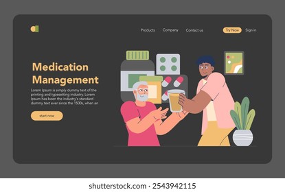 Elderly care concept. A nurse assists a senior man with medication in a modern nursing home setting. Safe prescription management and healthcare support. Vector illustration.