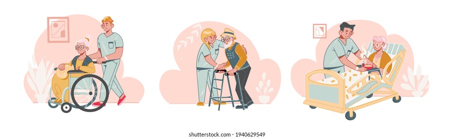 Elderly Care Concept. Social volunteers help senior people in a nursing home. Help for seniors with disabilities and diversity. Set of hand drawn vector illustrations isolated on white background.