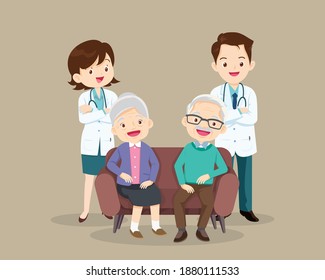 Elderly care Concept,Doctor and older patient sitting on the sofa. Senior People On Consultation With Doctor, Pensioners In Hospital Health Care . Doctor with elderly patients.