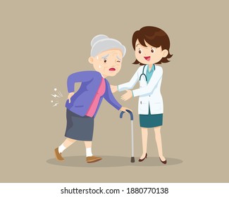 Cuidados de ancianos Concepto, anciana que sufre de dolor de espalda. Vieja con un bastón. Abuela que sufre de dolor de espalda. Mujer de mayor edad enferma. Enfermedad mayor consulte al médico.