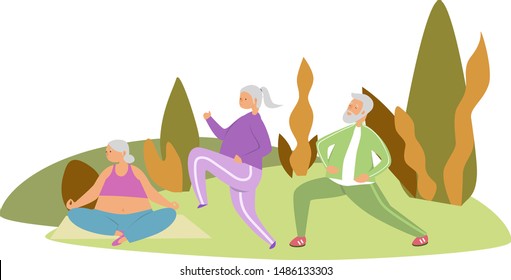 Elderly care and fitness flat vector illustration. Elderly woman and elderly man do sports, exercise, fitness, yoga. Healthy lifestyle of old people. Senior man and woman have fun outdoors together.