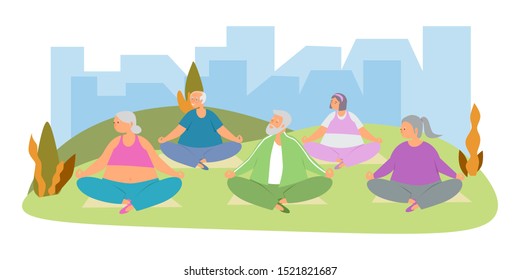 Elderly care and fitness flat vector illustration. Elderly woman and elderly man do sports, exercise, fitness, yoga. Healthy lifestyle of old people. Senior man and woman have fun together outdoors.