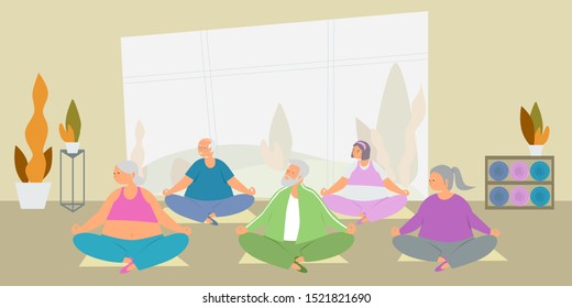 Elderly care and fitness flat vector illustration. Elderly woman and elderly man do sports, exercise, fitness, yoga. Healthy lifestyle of old people. Senior man and woman have fun together at home.