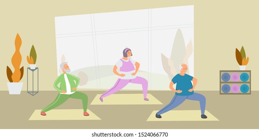 Elderly care and fitness flat vector illustration. Elderly woman and elderly man do sports, exercise, fitness, yoga at home. Healthy lifestyle of old people. Senior man and woman have fun together.