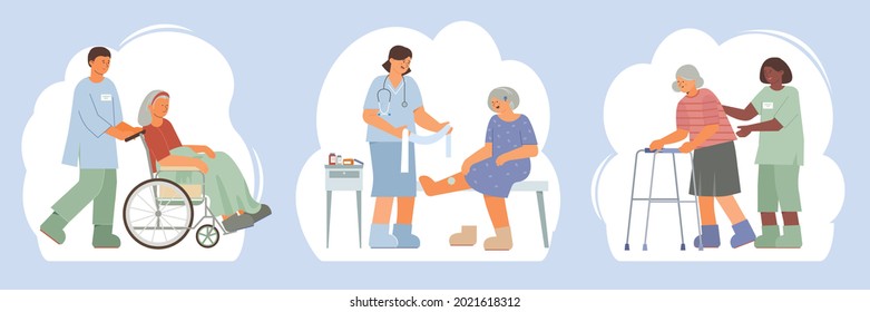 Elderly care flat composition set with medical staff helping senior women on wheelchair with walker applying bandage isolated vector illustration