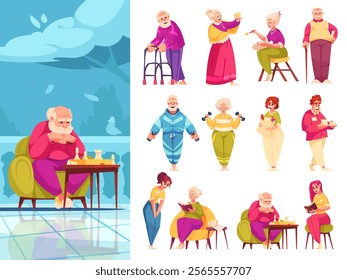 Elderly care hand drawn illustration and icons collection
