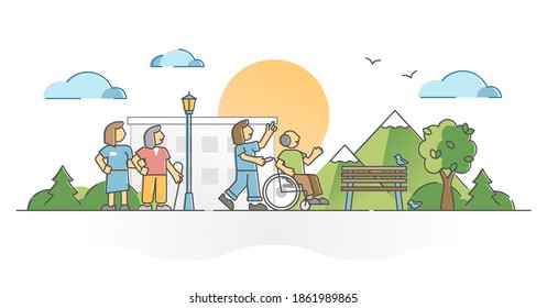 Elderly care home for retirement with medical assistance outline concept. Nursing seniors in rehabilitation center with wheelchair outdoors walking vector illustration. Old people support from nurse.