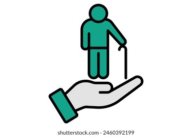 elderly care icon. hand with elderly. icon related to elderly. flat line icon style. old age element illustration