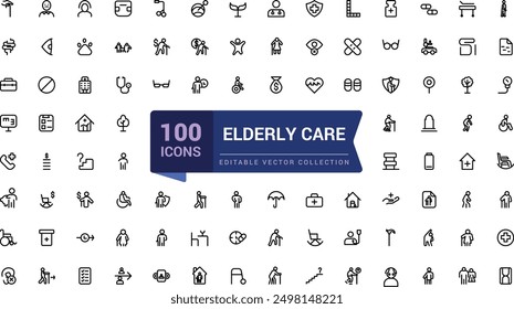 Altenpflege-Symbolpaket. Eine Reihe von Gliederungssymbolen, die sich auf den Ruhestand beziehen. Minimalistisches lineares Web-UI-Symbol. Einfache bearbeitbare Vektorstrichgrafik.