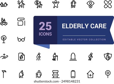 Elderly Care icon pack. Set of outline icons related to retirement. Minimalist thin linear web ui icon set. Simple editable vector stroke illustration.